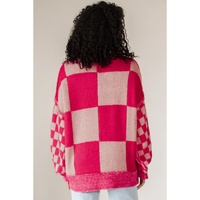 Rose Red Mixed Checkered Pattern Drop Shoulder Loose Sweater - L thumbnail