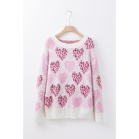 Pink Heart Leopard Print Pearled Ribbed Trim Fuzzy Sweater - L thumbnail