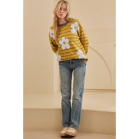 Yellow Stripe Daisy Floral Knitted Round Neck Sweater - L thumbnail