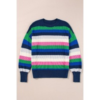 Bright Green Rainbow Striped Crew Neck Drop Shoulder Sweater - M thumbnail