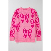 Pink Bow Pattern Drop Shoulder Loose Sweater - M thumbnail