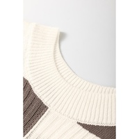 Khaki Checkered Color Block Crew Neck Short Sleeve Sweater - L thumbnail