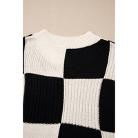 Black Checkered Color Block Crew Neck Short Sleeve Sweater - L thumbnail
