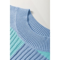 Light Blue Checkered Color Block Crew Neck Short Sleeve Sweater - L thumbnail