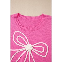 Bright Pink Corded Flower Bow Ribbed Trim Casual Sweater - S thumbnail