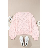 Gossamer Pink Openwork Plaid Puff Sleeve Cropped Sweater - L thumbnail