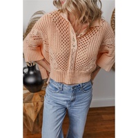 Apricot Pink Hollowed Knit 3/4 Dolman Sleeve Buttoned Collared Sweater - L thumbnail