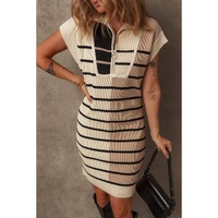 Khaki Stripe Color Block Quarter Zip Collar Short Sleeve Sweater Dress - L thumbnail