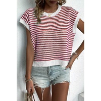 Red Stripe Ribbed Trim Loose Fit Knitted Sweater Vest - L thumbnail