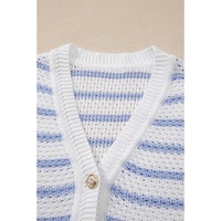 Sky Blue Stripe V Neck Gold Buttons Elegant Sweater Vest - XL thumbnail