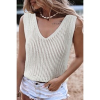 White Hollowed Knit V Neck Tank Top - M thumbnail