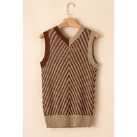 Light French Beige Contrast Chevron Knit V Neck Sweater Vest - L thumbnail