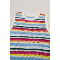 White Colorful Stripe Scalloped Trim Sweater Vest - XL thumbnail