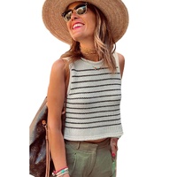 Black Stripe Raw Edge Crew Neck Knitted Vest - M thumbnail