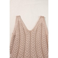 Pale Khaki Scalloped Hem V Neck Crochet Knit Vest - L thumbnail