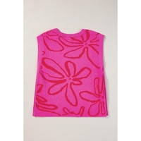 Bright Pink Button Sides Sleeveless Floral Knitted Top - L thumbnail