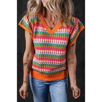 Orange Multicolor Flutter Sleeve Knitted Sweater Top - M thumbnail