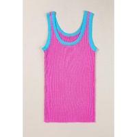 Bright Pink Colorblock Edge Ribbed Knit U Neck Tank Top - M thumbnail
