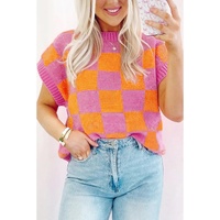 Strawberry Pink Colorblock Plaid Pattern Ribbed Trim Sweater Tank Top - L thumbnail
