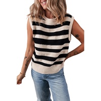 Black Stripe Ribbed Trim Knitted Sweater Vest - L thumbnail