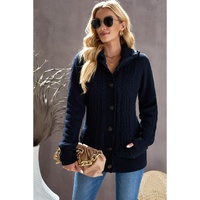 Navy Blue Long Sleeve Button-up Hooded Cardigans - 2XL thumbnail