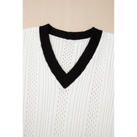 White Contrast Trim Eyelet Knit Colorblock V Neck Sweater Vest - L thumbnail
