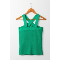 Dark Green Ribbed Criss Cross Halter Neck Sheath Sweater Tank Top - M thumbnail