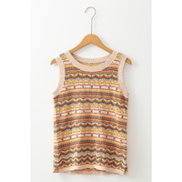 Brown Stripe Eyelet Crochet Round Neck Sweater Vest - M thumbnail