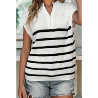 White Stripe Half Zip Split Stand Neck Sweater T-shirt - L thumbnail