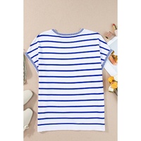Sky Blue Stripe Knitted Bat Sleeve T Shirt - L thumbnail