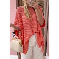 Fresh Salmon Rolled Cuffs Loose Knit Tee with Slits - L thumbnail