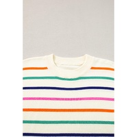 Beige Stripe Dropped Short Sleeve Boxy Fit Knitted Top - S thumbnail