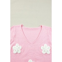 Pink Flower Crochet V Neck Short Sleeve Sweater - S thumbnail