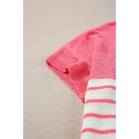 Strawberry Pink Contrast Stripes V Neck Knitted Short Sleeve Top - M thumbnail