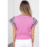 Bright Pink Contrast Printed Cap Sleeves Crewneck Sweater - S thumbnail