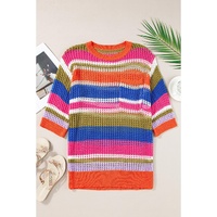 Orange Stripe Colorblock Hollowed Crochet 3/4 Sleeve Sweater - M thumbnail