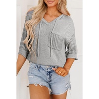 Light Grey Openwork Drawstring Hooded Short Sleeve Sweater Top - XL thumbnail