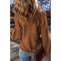 Camel Ribbed Knit Drop Sleeve V Neck Loose Fit Sweater - L thumbnail