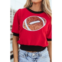 Red Sequin Rugby Color Block Puff Short Sleeve Sweater - S thumbnail