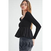Black Ribbed Knit Long Sleeve Scoop Neck Peplum Patchwork Top - S thumbnail