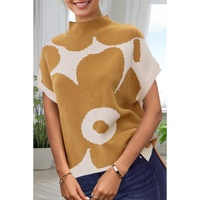 Camel Big Flower Pattern Stand Neck Short Sleeve Sweater - L thumbnail