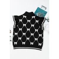 Black Preppy Vibes Bow Print Zipped Collar Sweater Tee - M thumbnail