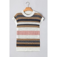 Pink Stripe Color Block Eyelet Knit Short Sleeve Sweater Tee - S thumbnail
