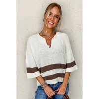 Brown Striped Accent Notched V Neck Cropped Sweater T Shirt - M thumbnail