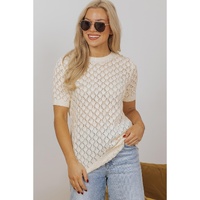 Beige Hollow Out Crochet O Neck Short Sleeve Sweater Tee - S thumbnail