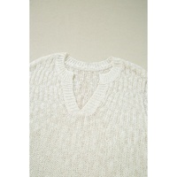 Beige Notched V Neck Short Sleeve Sweater - M thumbnail