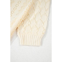 Beige Hollowed Pattern Knit Short Puff Sleeve Sweater - L thumbnail