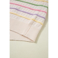 Oatmeal Colorful Striped Eyelet Knit Ruffled Sleeve Sweater T Shirt - S thumbnail