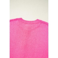 Bright Pink Distressed Hem Short Sleeve Knitted Button Front Sweater - L thumbnail