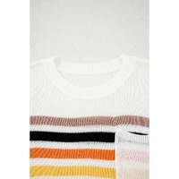 White Striped Pocketed Loose Fit Crewneck Knitted T Shirt - M thumbnail